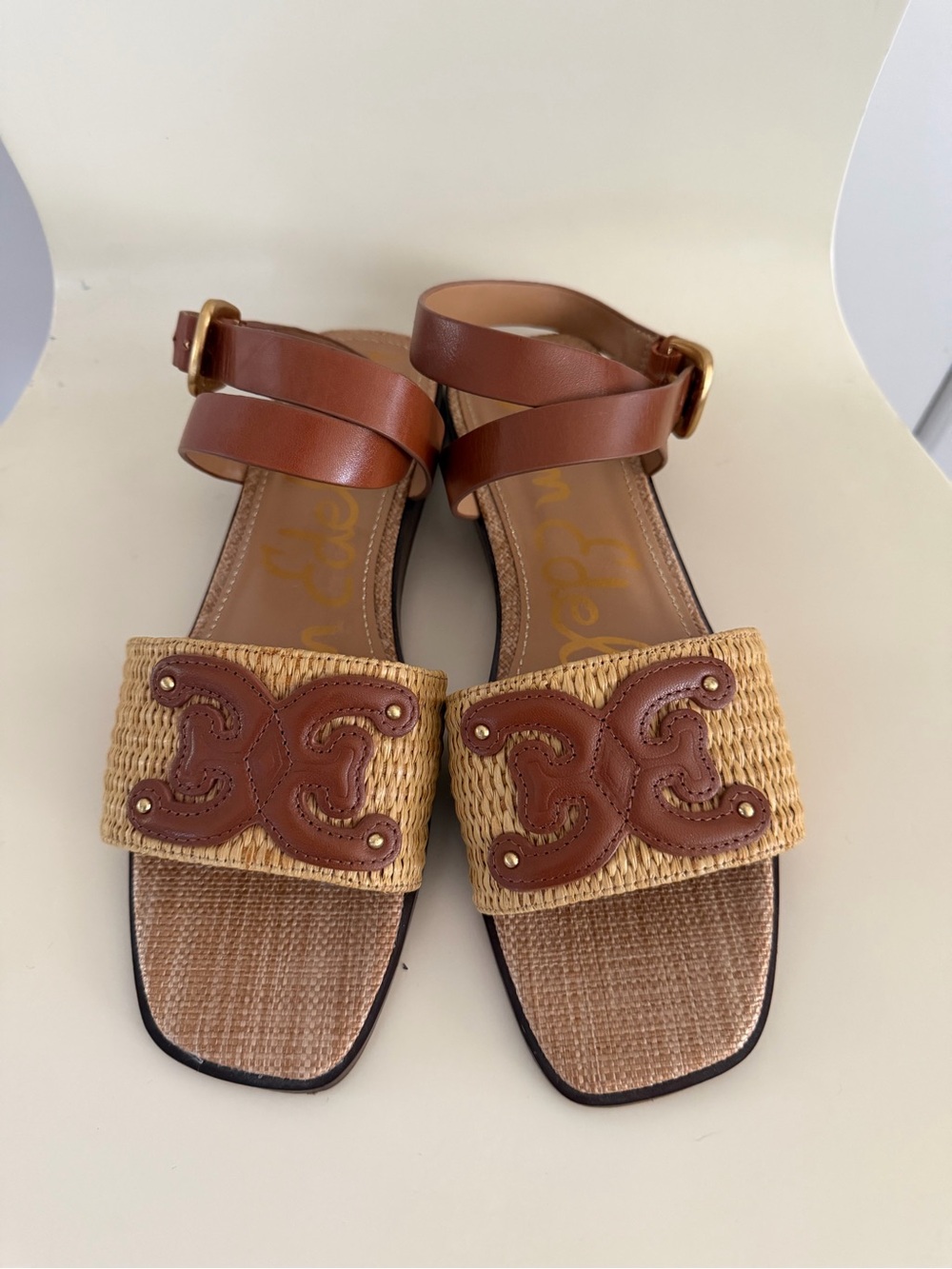 Sam Edelman Brown Leather & Woven Straw Women's Ankle-Strap Sandals
